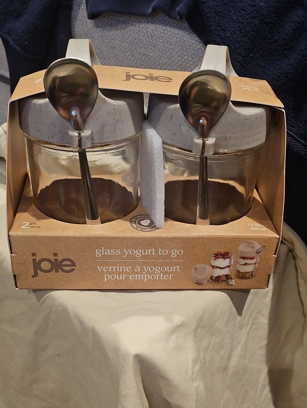Joie Glass Yogurt To Go Set with Brown Lids and Spoons